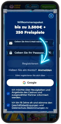 Schaltfläche zum Erstellen eines Kontos bei God of Coins Casino