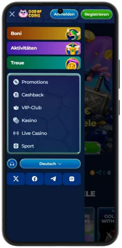 Navigationsmenü im God of Coins Casino