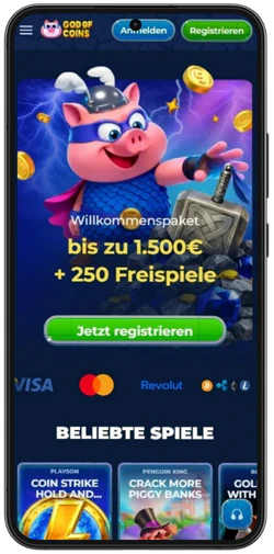 Startseite von God of Coins Casino im Browser
