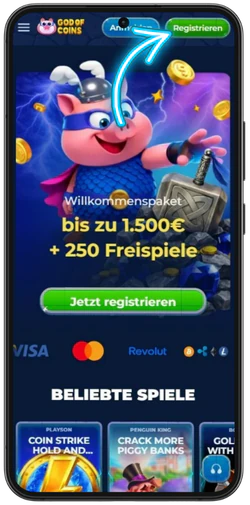 Grüne Registrieren-Schaltfläche bei God of Coins Casino